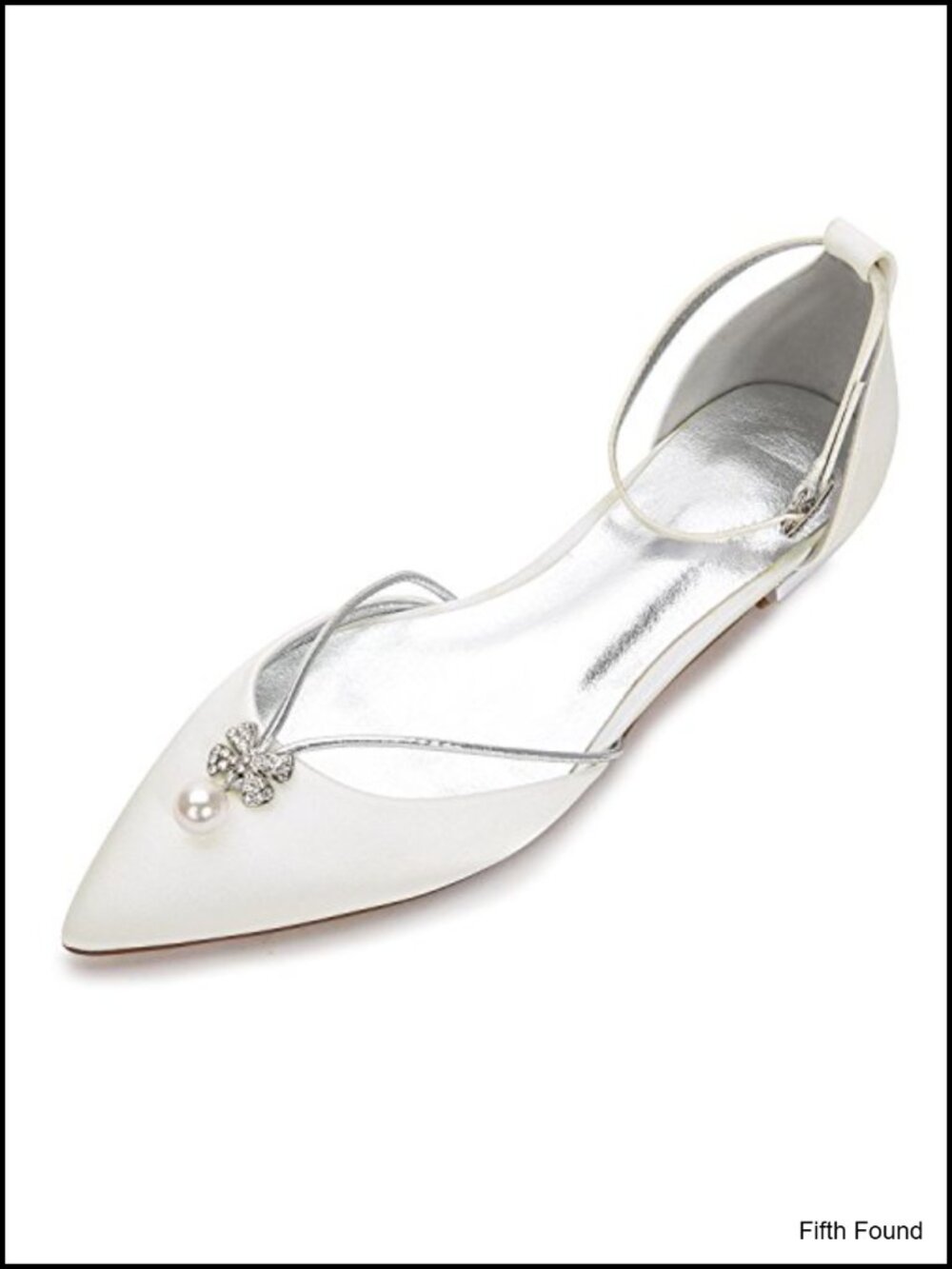 Satin Pointed Toe Flats with Pearl & Crystal Ankle Strap